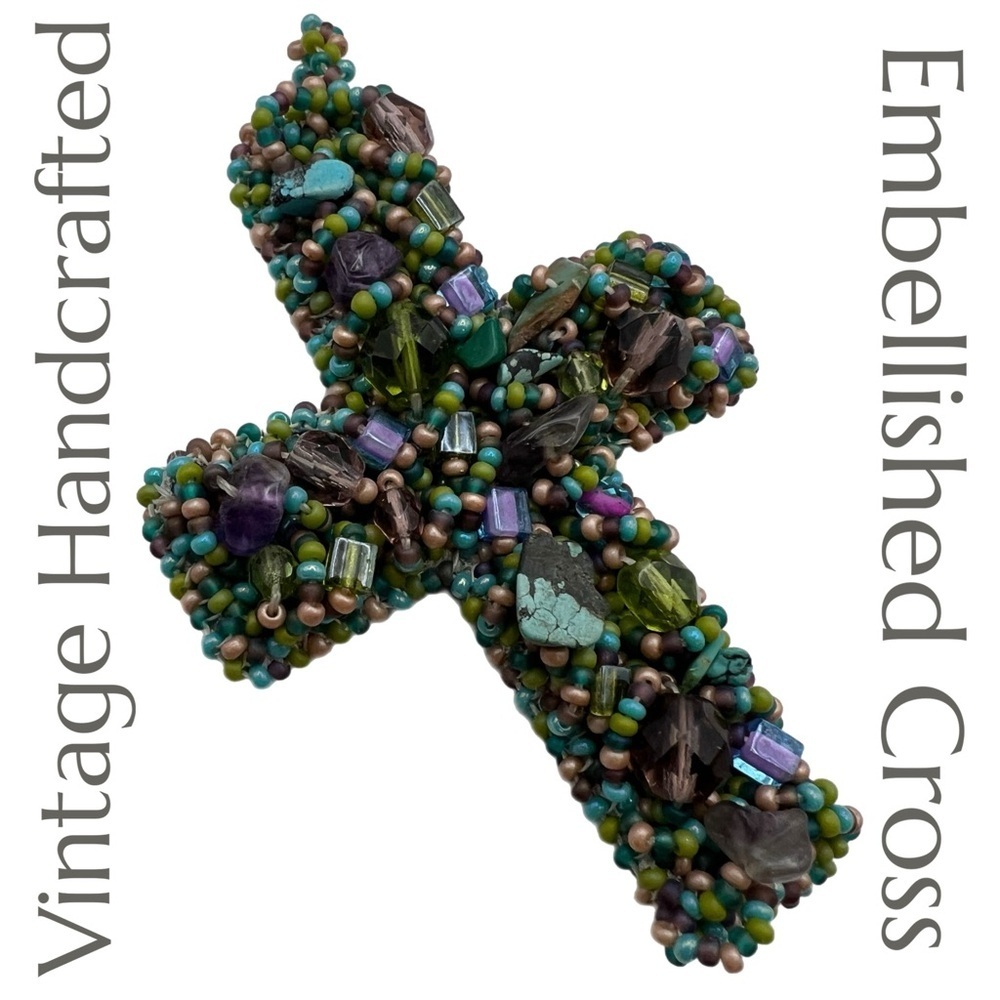 Vintage Handcrafted Beaded Embellished Cross Handmade Beads Ornamental Cross